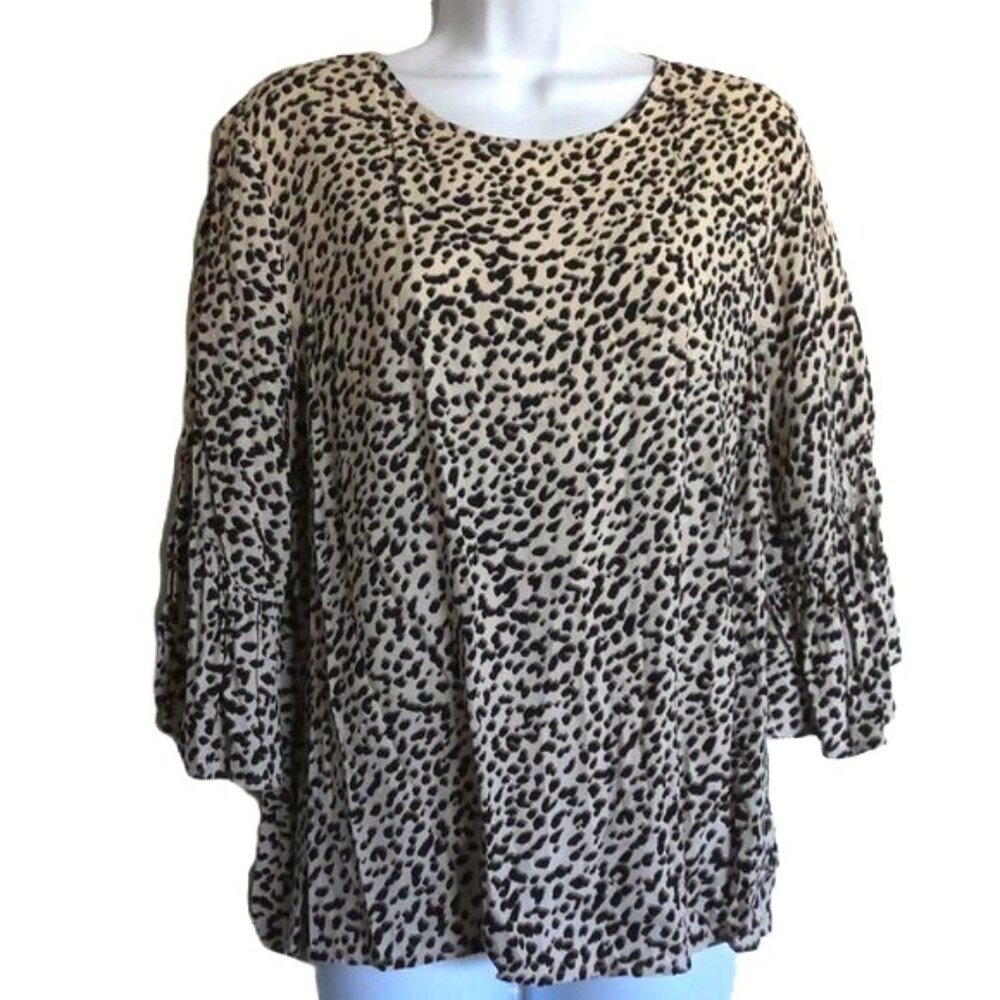 H&M Cheetah Print Top Keyhole Back 3/4 Bell Sleeves Beige Black Brown EUC Sz 12